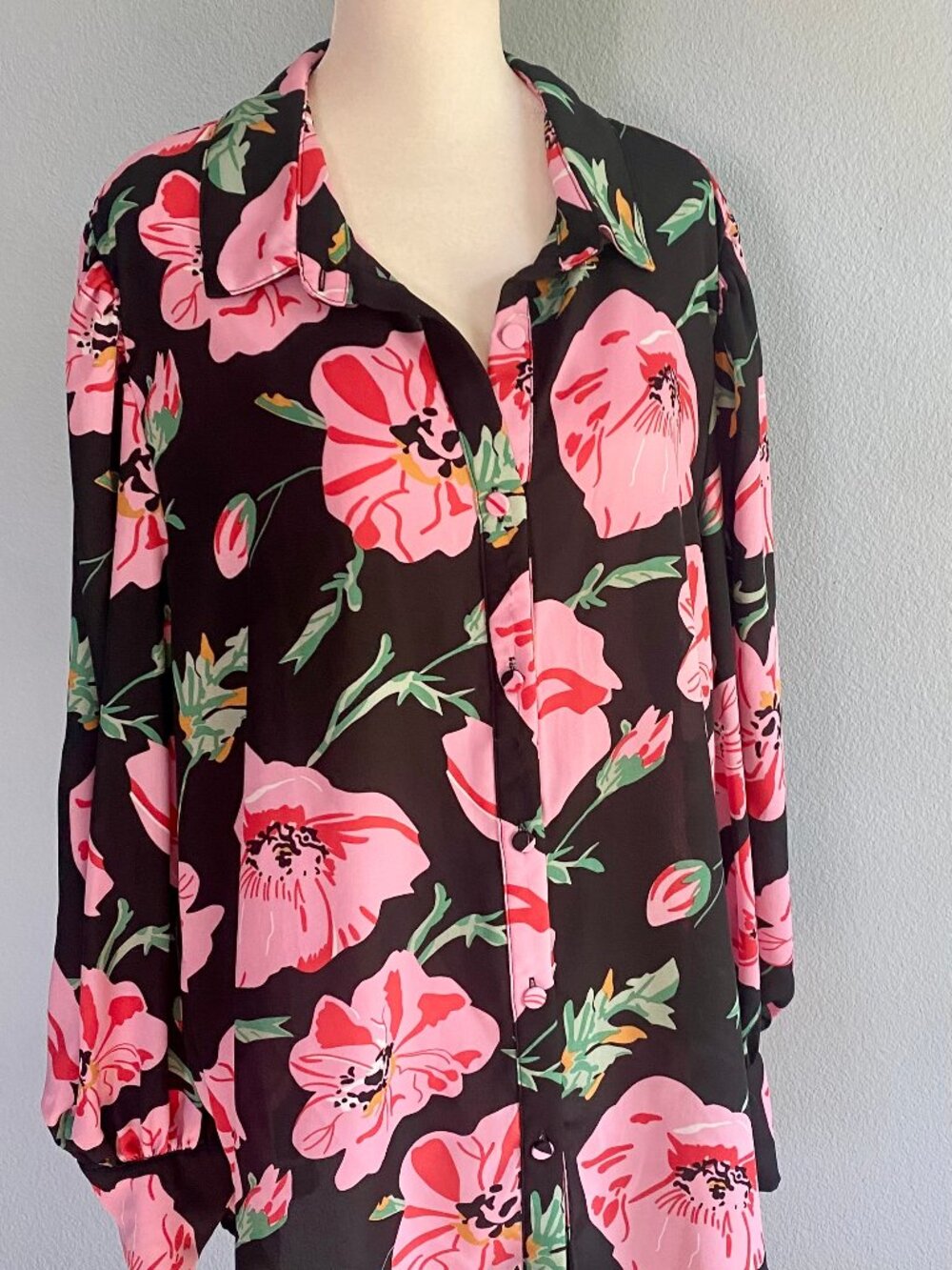 BTFBM Black and Pink Poppies Floral Button Down Loose Fit Blouse Size XXL